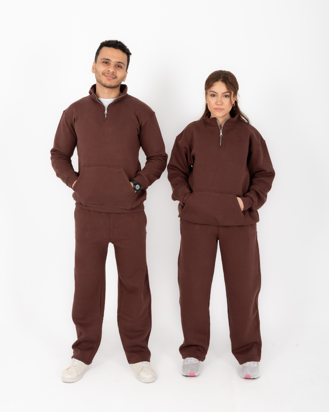 Half-zip hoodie & wide-leg sweatpants in Brown