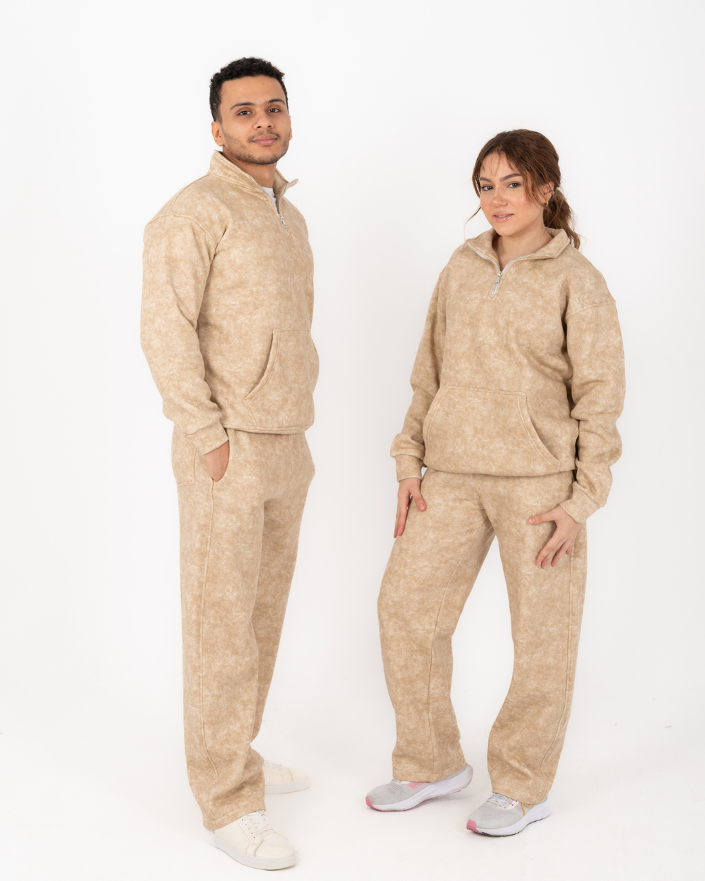 Half-zip hoodie & wide-leg sweatpants in smoky beige