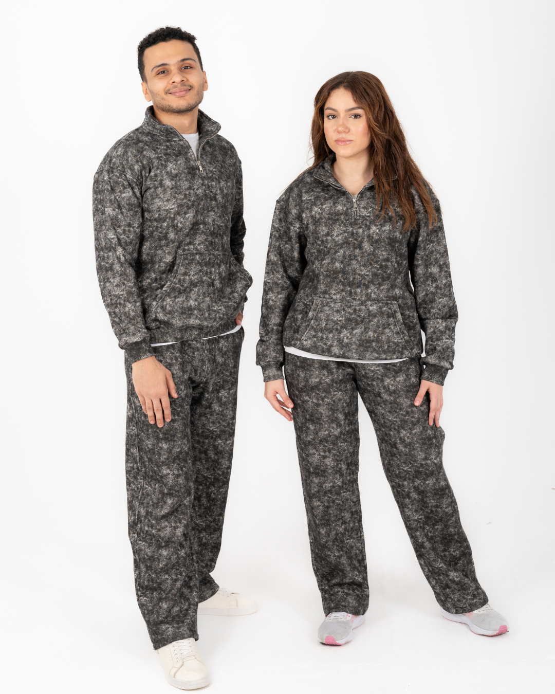 Half-zip hoodie & wide-leg sweatpants in smoky black