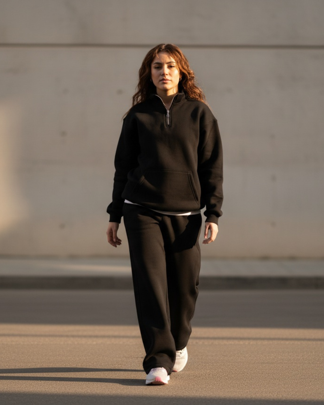Half-zip hoodie & wide-leg sweatpants in Black