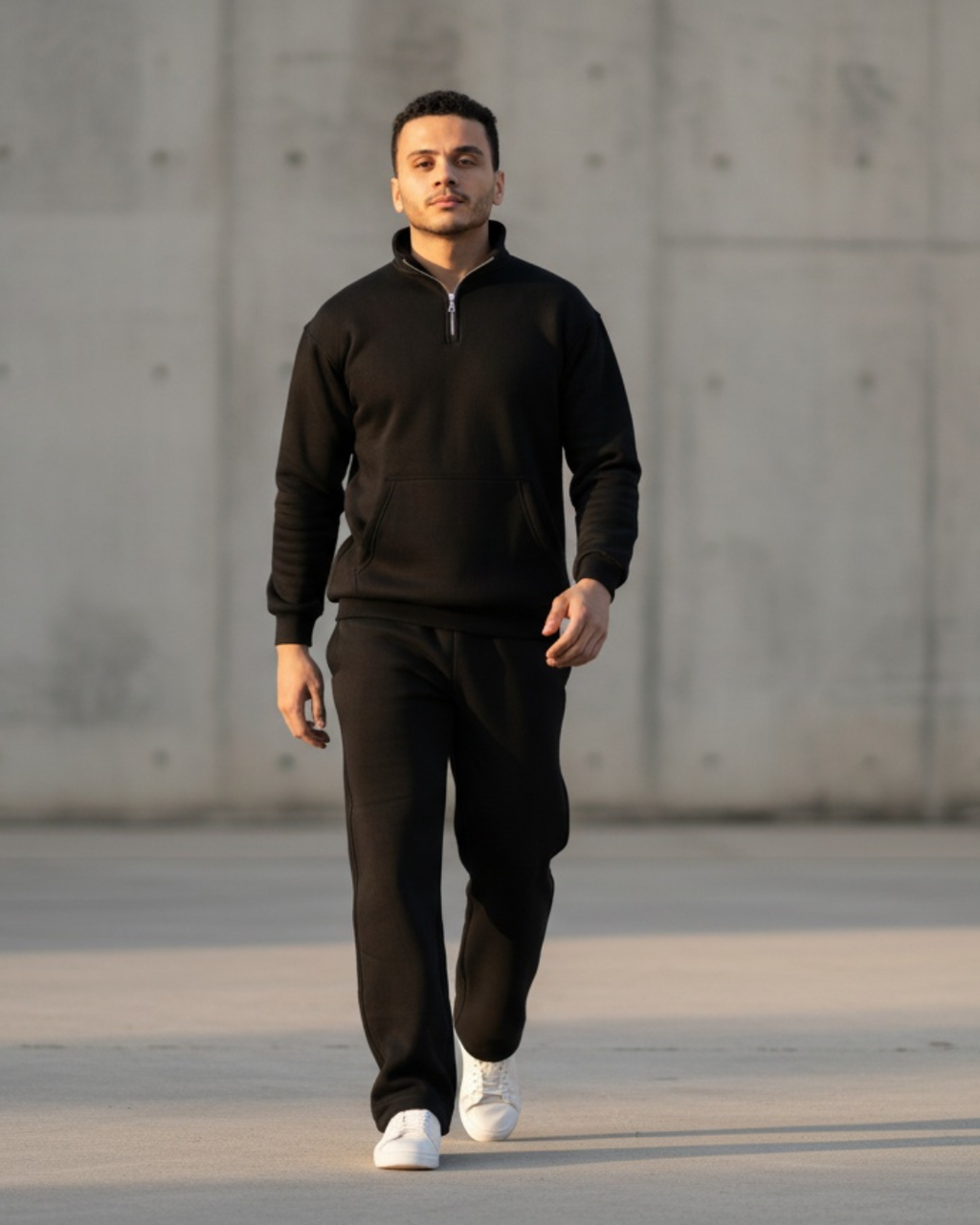 Half-zip hoodie & wide-leg sweatpants in Black