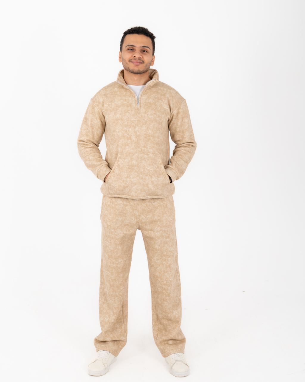 Half-zip hoodie & wide-leg sweatpants in smoky beige