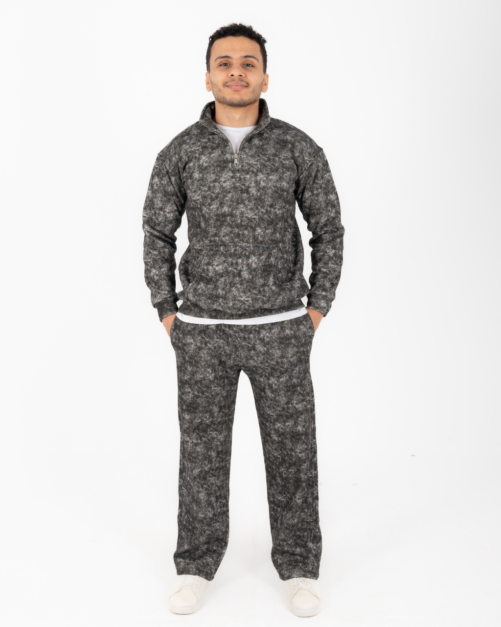 Half-zip hoodie & wide-leg sweatpants in smoky black