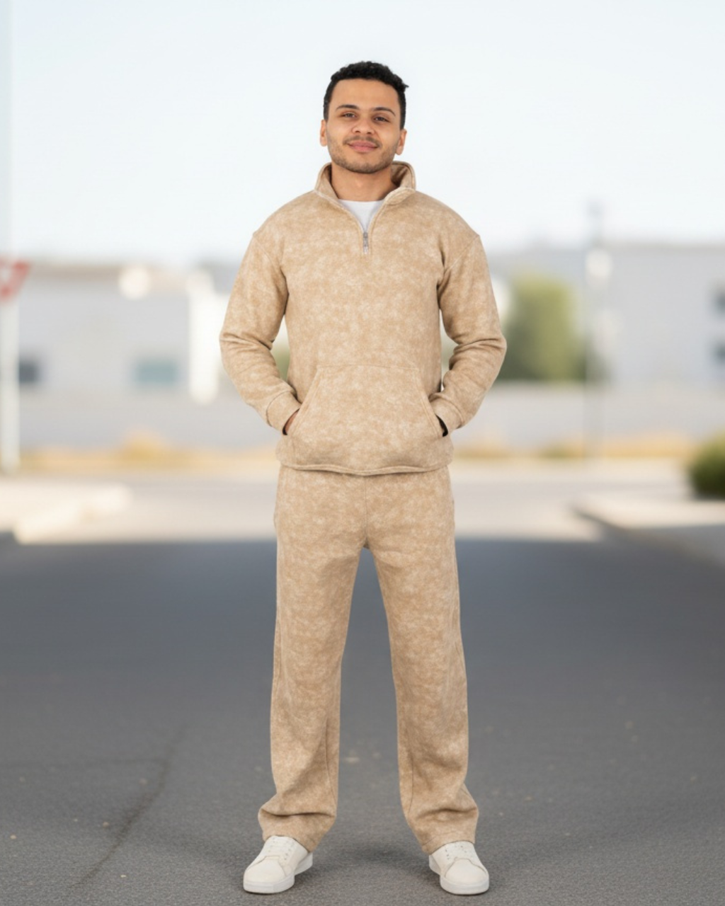 Half-zip hoodie & wide-leg sweatpants in smoky beige