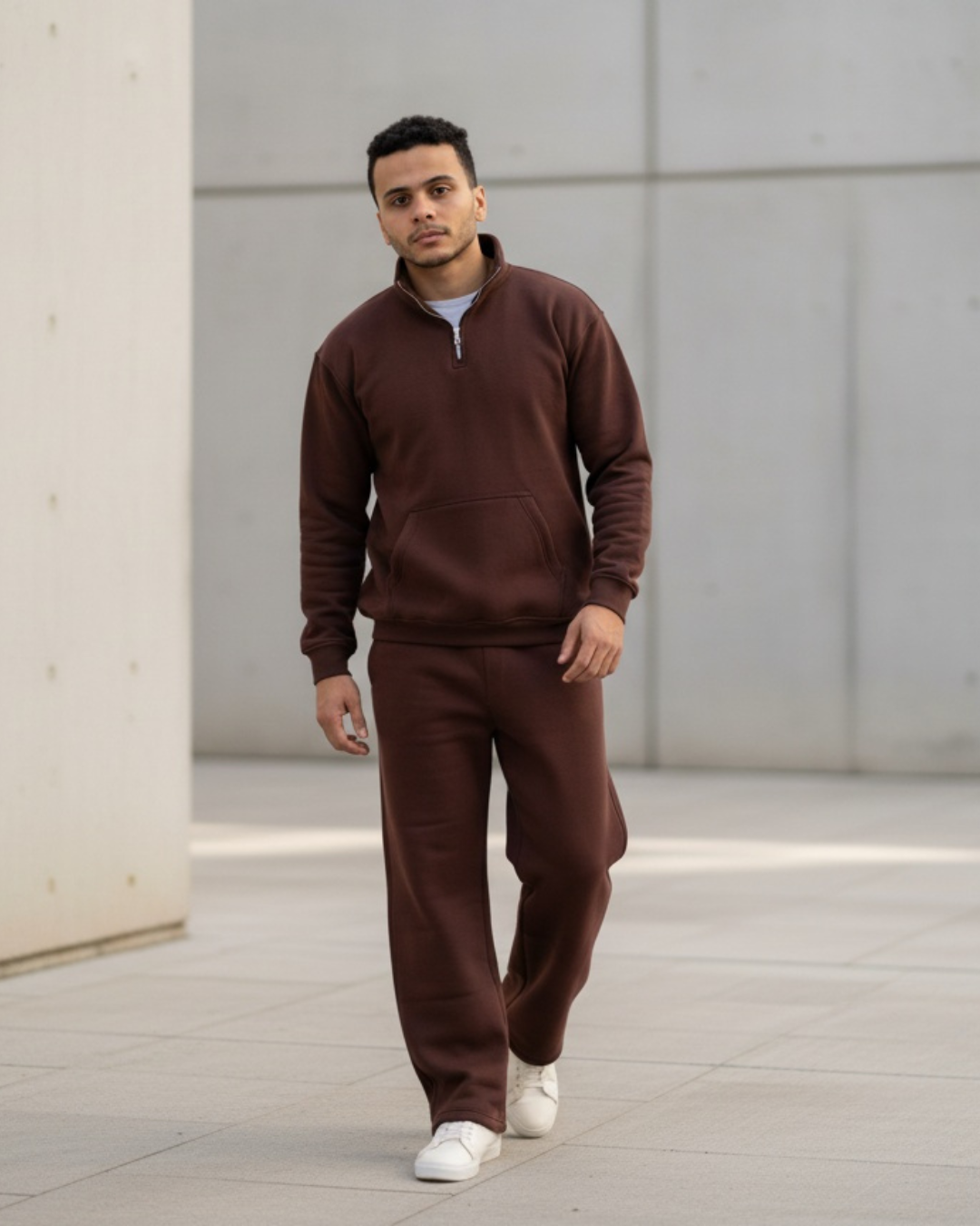 Half-zip hoodie & wide-leg sweatpants in Brown
