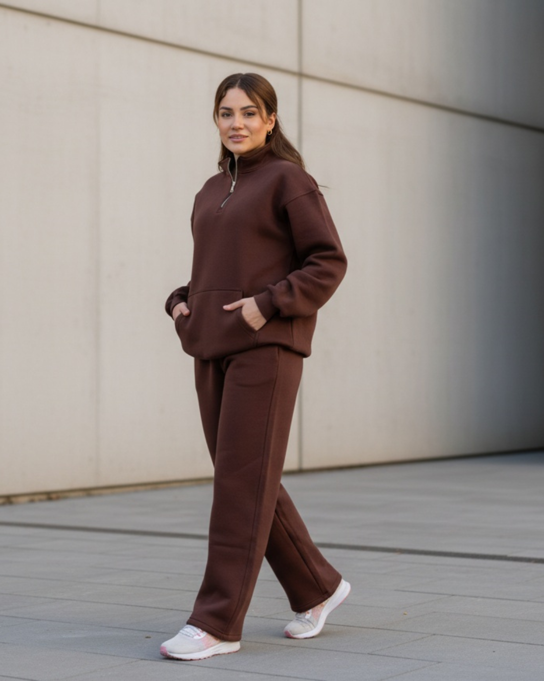 Half-zip hoodie & wide-leg sweatpants in Brown
