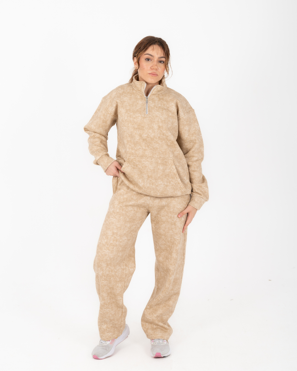 Half-zip hoodie & wide-leg sweatpants in smoky beige