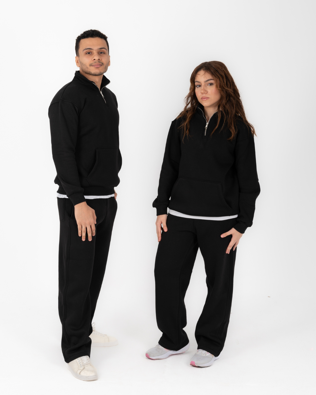 Half-zip hoodie & wide-leg sweatpants in Black