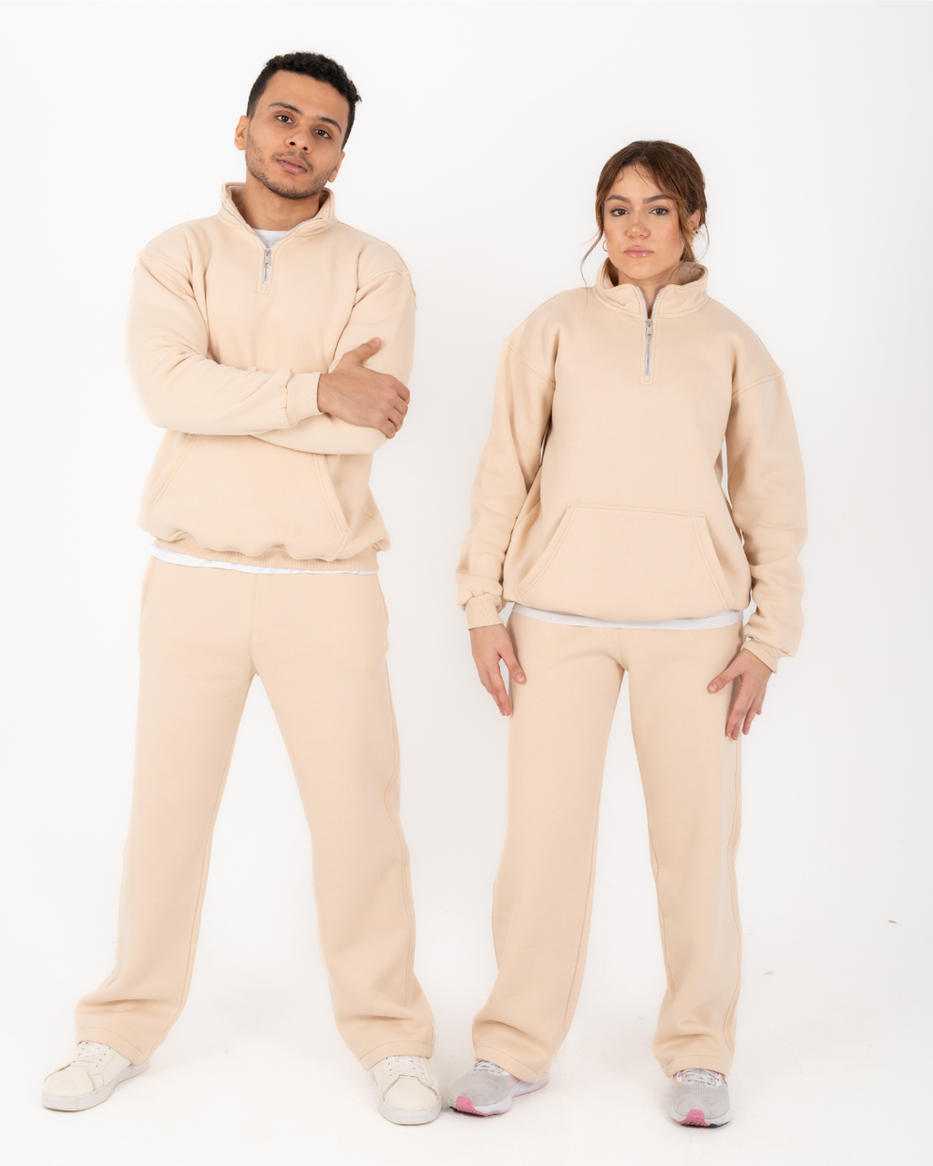 Half-zip hoodie & wide-leg sweatpants in Beige