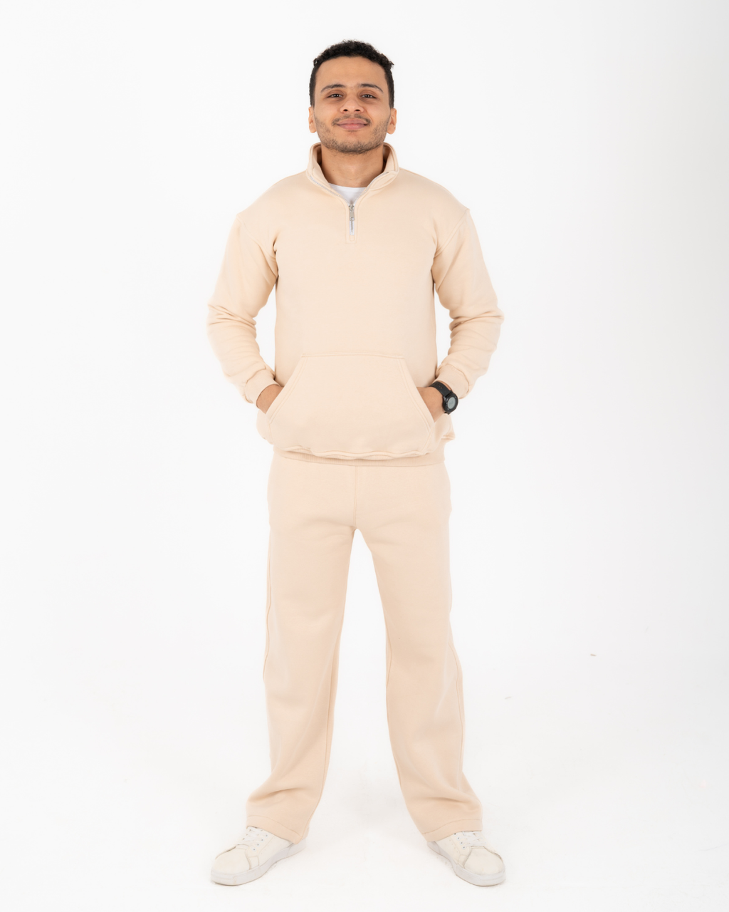Half-zip hoodie & wide-leg sweatpants in Beige