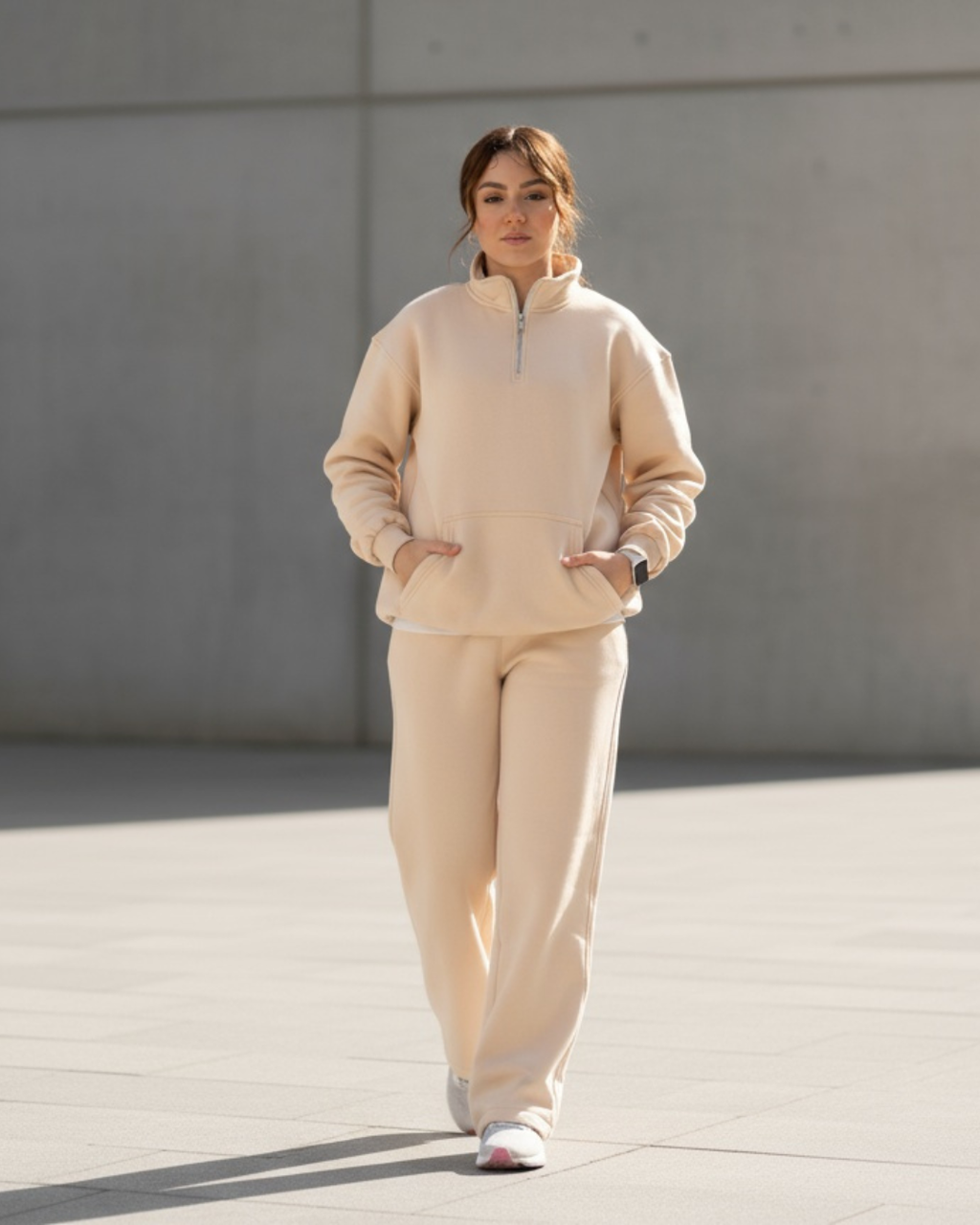 Half-zip hoodie & wide-leg sweatpants in Beige