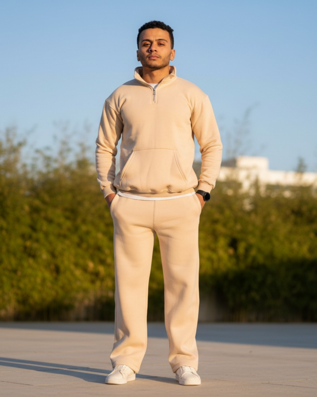 Half-zip hoodie & wide-leg sweatpants in Beige