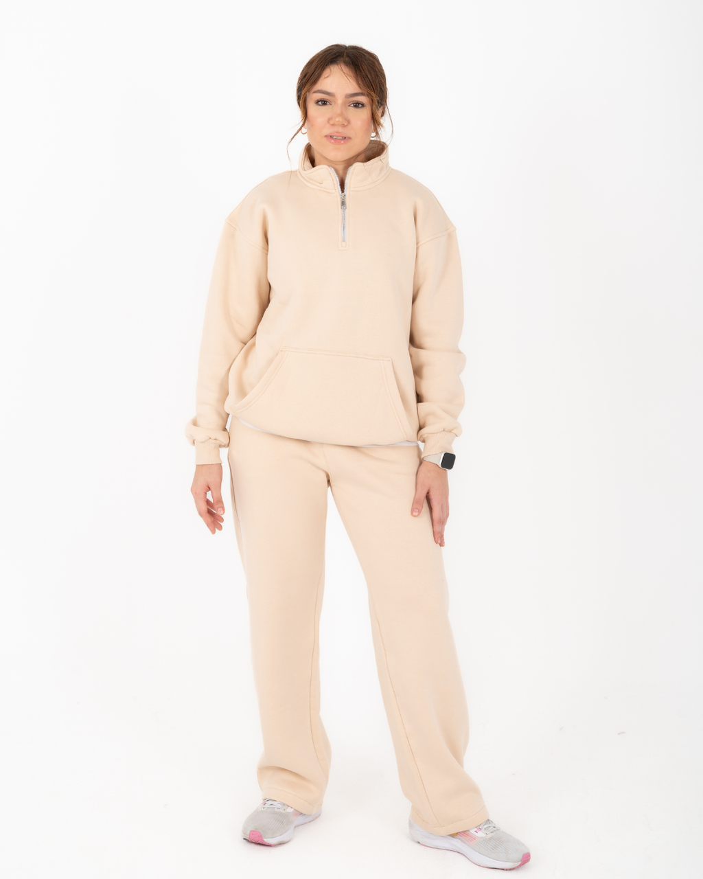 Half-zip hoodie & wide-leg sweatpants in Beige